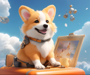 Alafed Corgi sits on a suitcase with a cup of coffee, cute corgi, corgi cosmonaut, animated movie still, Animated Movies, lovely digital painting, corgi with [ Angelic wings ]!!, governor, Cute detailed digital art, Corgi, 3 d animated movie, Animated Movies, Isometric 3d fantasy cute dog, wojtek fus