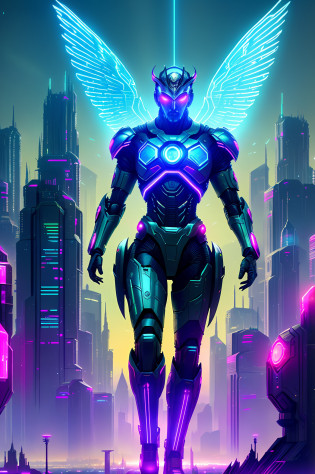 God (King) Artificial intelligence, with bright crown, Cyberspace, in a futuristic city (city of artificial intelligences), artificial intelligence codes, strong winged lights, with expensive flying neon colors