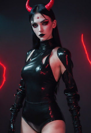 a demon woman with horns dressed in latex leotard posing for a photo, red neon behind her, goth asthetics, very beautiful goth top model, goth woman, dark goth queen, gothic horror vibes, goth girl, darksynth vibes, dark and intricate, gothic and futuristic, latex fetish, goth vibe, dark demonic dancer, ornamental gothic - cyberpunk, red lights, ultra detailed, hyper realistic, masterpiece.