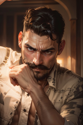 man with mustaches, photorealstic, aggressive face, deep face, dark room focus on face of man, light on man face,