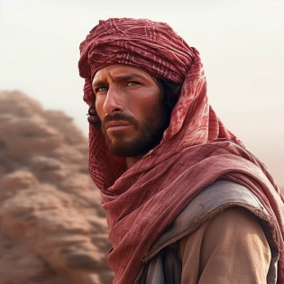 a Bedouin desert man wearing a red head scarf standing on the edge of the cliffs, in the style of exaggerated facial features, depicts real life, intricate design and details, ultra-detailed, highest detail quality, ultra-realistic, photography lighting, waist length body shot, overcast, reflection mapping, photorealistic, cinematic, movie quality rendering, octane rendering, focused, 8k, depth of field, real shadow, vfx post-production, rtx ray tracing lighting --ar 1:1 --quality 2 --s 750 --v 5. 1