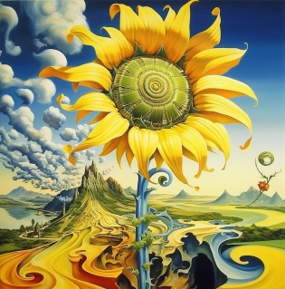 a psychedelic surrealist painting of a sunflower, Salvador Dali, Pablo Piccaso --ar 80:81 --quality 2 --s 750 --v 5. 1