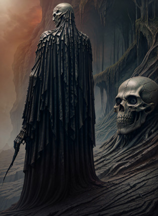 dystopian?Zdzis?aw Beksi?ski style?Black Skull Cave?Rained?up-close?Grandiose scenes?Marvel at the scene?Black metal skeleton zombie man?Wide shot, From below, From behind, Dutch angle?Blood flow?Scary atmosphere?Spooky atmosphere?MuCoi?Ultra-wide angle, Sony FE GM