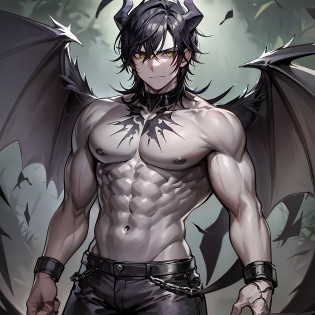 Straight black hair, green eyes, muscular, demon, gray skin, no cloths, black demonic horns on the head, black demonic wings, demonic tail , broken handcuffs, torn black jeans, in the forest, at night, floating in the air, solo, looking at the viewer, cowboy shot, male, masterpiece