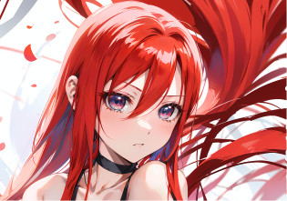 anime girl with red hair and blue eyes looking at camera, Erza Scarlet como uma pessoa real, ela tem cabelos ruivos, cabelos vermelhos carmesim e olhos vermelhos, estilo anime