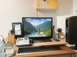 there is a computer monitor and keyboard on a desk, intrincado detalhado 8 mil, computer setup, monitor de computador, tela colorida do computador, monitor de computador grande, Desktopografia, imagem da tela do pc, tudo cabe na tela, 8 mil. preenchimento da vista, home office, Tiro de 8 mil de largura, na frente de um computador