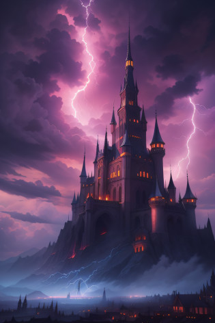 In the sky there is a castle with a tower, high fantasy castle, Flying citadel with towers, Flying Castle, epic castle with tall spires, abandoned castle in the sky, Fantasy architecture, futuristic castle, symmetrical spectacular fantasy art, an immense floating castle, Cyberpunk Castle, Flying Cloud Castle, High Fantasy Matte Painting, Castle in the air?Castle in the Sky?Alafed Castle with spire and clock tower in the background, epic castle with tall spires, concept art stunning atmosphere, andreas rocha and john howe, andreas rocha style, inspired by Raphael Lacoste, inspired by Marc Simonetti, bussiere rutkowski andreas rocha, Fantasy architecture, gothic epic library concept, Marc Simonetti. Convoluted? Lightning clouds, Atmospheric lightning, Pink lightning, With thunderstorms, Dark storm with lightning, Dramatic purple lightning, Lightning in the sky, Colorful lightning contrast lightning, thunderstorm in the sky, Lightning in the background, With lightning, Stormy weather with lightning, Lightning that creates life, Upper volumetriclightning, thunderstorm, Dark clouds and lightning?(Red moon peeking through the clouds),Horror movie effects?Prom night?