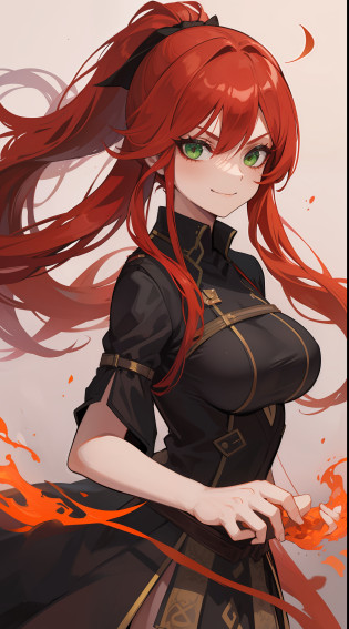 1mature girl, red long flowing hair ponytails, green eyes, emitting fire from her hands, wearing a witch girl uniform and medium boobs. {{Evil smirk or smile}}