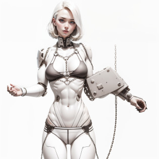 1 woman, realistic, with chain in boddy, detailed skin, detailed face, bikini transparn, no pants, robo pants, highligt image, perfect, robo, muscle,
