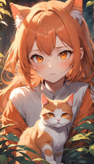 Cat in the garden?Under the sun?Warm orange hair?Sketch style detail depiction?A close-up view focuses on the cat's eyes?Mao's eyes are depicted in jewel-like material?Add the cat's purr?It presents a warm and peaceful scene