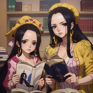 melhor qualidade, obra prima, u detalhada, from one piece, Estilo One Piece, Arte do local, arte chave, melhor qualidade, boa hancock em um navio, lado a lado com uma pequena menina de cabelos pretos, Guidance for children, Boa Hancock e uma menina, Duas pessoas, felizes, NAVIO, Marz, livros, biblioteca