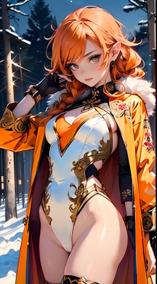 cute loli elf,(((little loli,tiny little body,little))),(((6 years old))),((anime elf loli with extremely cute and beautiful orange hair)), (((elf))), (((elf ears))),

(((flat chest))),((((orange hair:1.35,messy orange hair,long hair,huge braids,colored inner hair,ear breathing)))),(((orange eyes:1.3))),intricate eyes,beautiful detailed eyes,symmetrical eyes,big eyes:1.5,,(((lustrous skin:1.5,bright skin: 1.5,skin tanned,shiny skin,very shiny skin,shiny body,plastic glitter skin,exaggerated shiny skin,illuminated skin))),(delicate detailed fingers,detailed body,detailed arms,human hands,(detailed face)),

cute,slutty,erotic,daring,(((nsfw))),

zettai ryouiki,revealing clothing,show skin,(((Sexy orange coat, orange coat outfit, wearing a orange coat:1.3,orange winter coat))), ((orange mini-skirt,orange mini skirt with furry edge,visible thong straps)),(white gloves,orange clothes,semi-naked,with little orange clothing,((((furry edge clothing)))),(((intricate outfit,intricate clothes,embroidered outfit,ornate outfit))),

(dynamic pose:1.0),embarrassed,(centered,scale to fit dimensions,Rule of thirds),

((snowy pine forest at night)),with dark stormy clouds,winter,scenery:1.25,((snow forest background)),Christmas tree,

highres,sharp focus,(ultra detailed,extremely detailed),(photorealistic artwork:1.37),(extremely detailed CG unity 8k wallpaper),(((vibrant colors,vibrant theme))),(intricate),(masterpiece),(best quality),