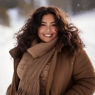 professional photograph of a gorgeous traditional latina Chilean girl in winter clothing with long curly dark brown black hair, laughing, full figured, long hair, bombshell, beautiful face, full lips, detailed skin, clear edge definition, nose ring, outside snowy city street with Andes mountains in background, ultra realistic, soft light