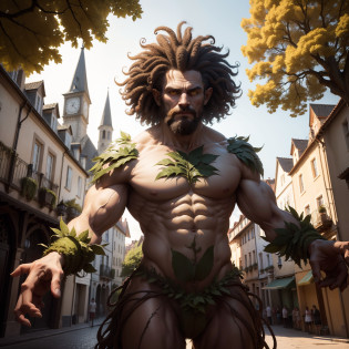 monster, 2 meters, a tree, human face, Yellow eyes, Hands Branches, Column legs, curly hair with leaves, Top Quality, tmasterpiece, Repulsive appearance, Resemblance to oak, on two legs, Close to the viewer, In the town square, Medieval town in the background