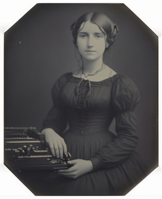 Photo of a woman in a black dress holding a typewriter, Maria Anning, Foto de uma mulher, 1 9th-century photograph, Photo Daguerreotype, 1800, um retrato frontal de um delicado, autor desconhecido, daguerreotype, 1840, foto da mulher jovem, foto muito conhecida