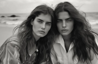 a couple of women sitting next to each other on a beach, margiela campaign, alluring gaze, forza, straight eyebrows, brooke shields, instagram post, wild hairs, dutch, tomboy, tom cruise torso, zoomed, 1 8 years old, libertas, should eyes, nmm, symmetrical faces! ! ! , nostalgia, jordan --q 2 --v 5. 1 --ar 3:2