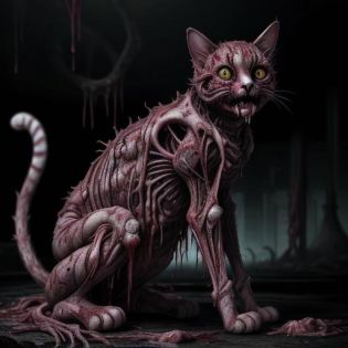 A cat made out of piles of organic tissue, disgusting ligament muscle tissue tendon sinew, wet, dripping, internal, organic, venereal horror peeling intense dark horror biological, terrifying living hell brutal overwhelming dread suffering emotional