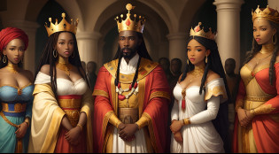 Great African king surrounded by his 4 beautiful queens in a surealist dec