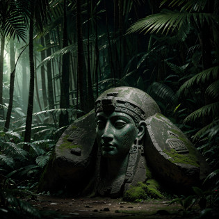 Ancient Mayan glyphs ancient totem sculptures, in the tropical rainforest, mysterious and eerie atmosphere hidden in a dense INTRIGATELY rainforest, film, studio lighting, intricately detailed foliage, ultra realistic, bokeh, sharp features, a unique and completely random meticulous and complex image, random topic , realistic and immersive relevant background, atmospheric effects, Ultra-HD, Super resolution, hyperphotorealistic, Reflections, cinematic lighting, Tone mapping, perfect aspect ratio, Texture, immersive camera angle