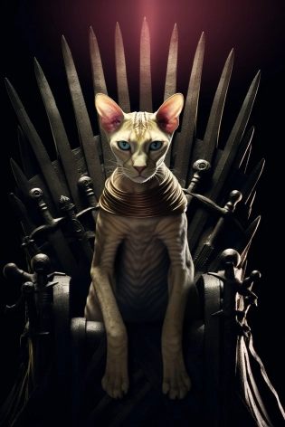 Game Of Thrones tv still, hairless sphinx cat as queen cersei wearing a crown and sitting in a throne made of many swords, dramatic cinematic lighting, photorealism --ar 2:3 --v 5