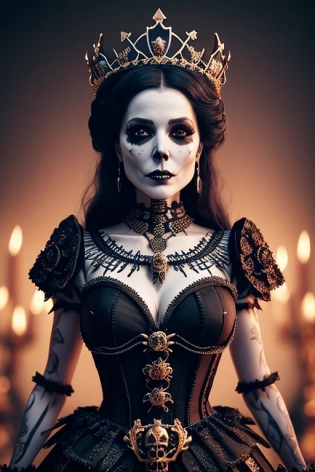 a beautiful skeleton woman dressed in a queens attire, queen of the underworld, living dead, morbid, unholy, a living dead, fantasy, extremely intricate, cinematic, hyper realistic, hyper detailed, cinematic, absurdres, 4k, 8k, UHD, HDR, octane render, unreal engine