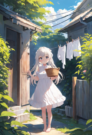Anime girl in white dress standing in garden, Hang the laundry to dry?Holding a laundry basket?loli in dress, small curvy loli, artwork in the style of guweiz, guweiz on pixiv artstation, guweiz on artstation pixiv, guweiz, small loli girl, soft anime illustration, Anime visuals of cute girls, Detailed Digital Anime Art
