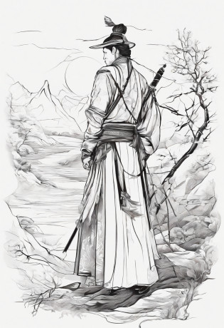 The pursuit of blood is a long way? The dream is still unfulfilled? Determined to move forward, the heart is eternal? Faith burns poetry?Chinese costumed swordsman?male people?Back Shadow?4K?water ink?Autumn breeze in the background?No more than 4 colors?Tyndall rays?Cold?