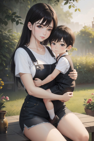 A young boy with overall sitting on his mom's lap, outdoor, the mom wears black shorts, the mom has big medium thighs, shiny skin, illustrations or oil painting style, ultra-detailed, realistic, vibrant colors, natural lighting
