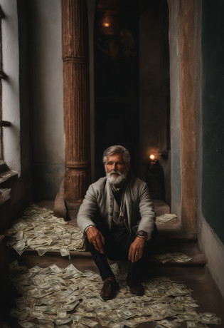 A beggar suddenly becomes rich?The eyeballs protrude beyond the orbits?Holding a large dollar bill in his hand?The floor was sprinkled with scattered banknotes?Banknotes also drifting in the air?The air is filled with the smell of materialism?