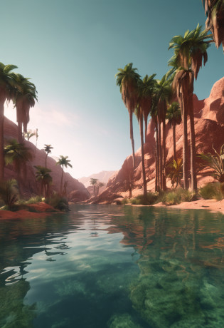In the depths of the vast desert?Hidden is a mysterious oasis?Emerald palm trees and clear springs ?It's like a wonderland on earth?realistic?