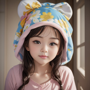 Dizzy room, a cartoon shower cap with a flower shape, young girl, Chinese girl, slightly chubby face, snickering, snickering, squinting, cute face, close-up of face, squinting, thick eyebrows, upper body portrait, cartoon pajamas, tilted head to the right