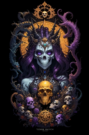 Perfect Very Detailed eyes , Glowing , Creepy Teeth, Skeletal, Amber Heard, malice, skulls, tendrils, dark atmosphere, greyscale, detailed linework, cinematic, psychedelic, black paper with vibrant amethyst line work, ornate, symmetrical, tarot card, highly detailed, ink illustration, style of peter mohrbacher, golden ratioModel: Lyriel v1. 5
