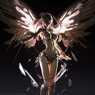 Cyber style, sexscene, dynamic pose, beatiful composition, slim body, thigh hip joint part in focus of composition, thigh hip joint part of beatiful body skin of young girl with fully ripped wet cloth, angel wings, fuII body view from lower body part, cute belly and shoulders visible, cute face looking down on us, open shoulders cloth, wet, hyper realistic, photography, studio light