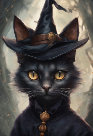 a close up of a cat wearing a witch hat sitting on a rock, cat witch, witchy, oil painting of cat witch, scarry but bewitching, witch, with bewitching eyes, classical witch, with a bewitching voice, bewitching, witch fairytale, a witch, black cat, anime cat, blue witch hat