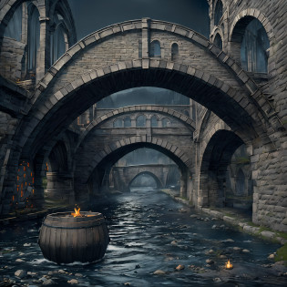 Computer, computer accuracy, 1: 2, 8kk, volume, Extensive ultra photography (general view, bridge 1: 5, Scale, realistic fantasy, ultradetail, volumetric, detailed clarity, general view, detailed gloomy landscape of the street, bridge arch, under the bridge, large beer barrel, bridge arch, bridge, (inscription new era legend),realistic fantasy, detailed, 1:5, 4kk, three-dimensional picture, fire, fog, rain, river, night, darkness, effective In the foreground is a large beer barrel,  large stone bridge, bridge arch, gray, swamp colors (ultradetailed), bridge arch, bank under the bridge, steps, cobwebs under the pavement, large wooden barrel (1:2), made of wood (ultradetail), bridge arch, stones, river, dark, gloomy colors, horror, magic(best quality), 4k, ultra detailed, (dynamic composition: 1.4), high detailed, colorful details, (gloomy colors: 1.2), (luminous lighting, atmospheric lighting), cold, gloomy, magical