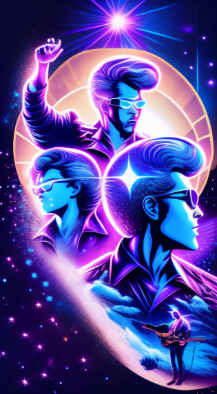 T-shirt design?vectorial art?Disco Ballroom?Outdoors,4men?Explosive-headed man?Exploding head woman?be on stage?Disco ball lights?Man plays guitar?Disco music?Dramatic lighting?Violet-blue tones