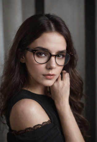 She is a free-spirited woman and artistic soul. His skin has a soft pallor and his expression is serene, com um toque de melancolia nos olhos. Seus cabelos negros e brilhantes caem em ondas soltas ao redor de seu rosto, highlighting his delicate features. She wears black-framed glasses, that give an intellectual and mysterious air to his gaze. Vestida com uma camiseta vintage de uma banda de rock obscura, She exudes a unique and authentic style. Her bed is covered with a dark sheet and some colorful pillows, trazendo um toque de contraste. She's lying on her side, resting on one arm, com as pernas cruzadas, holding an old book with a worn cover in your hands. A luz natural entra pela janela, delicately illuminating his face and highlighting the pages of the book, creating a contrast between the darkness of the room and the brightness of the reading, Remember to capture the essence of the emo aesthetic, with dark tones and a melancholic atmosphere. Adicione detalhes sutis, As accessories, para destacar a personalidade e o estilo da personagem. Explore different angles and frames to create a captivating and emotion-filled photographic portrait.