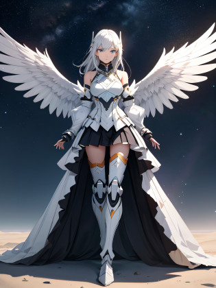Female mech?Spread your two white wings?bare shoulders??Bare waist?Bare with thighs?Armoured pleated skirt?Armored boots?visto ao longe?Arms spread wide?Planetary background?4K????A huge sense of oppression?Machinary?falling from sky?Technology and magic