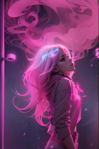 ?1 girl??the phantom?Swiftstep?Phantom?Pink neon rendering smoke?Particle effect?misterious?Twinkle?Fill light?Colorful water floats in the air