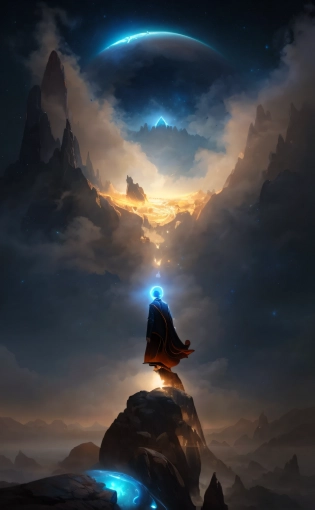 a man standing on a rock looking at a huge object, jessica rossier fantasy art, rising from the void, by jessica rossier, cosmic horror concept art, inspired by jessica rossier, studying a hell open rift portal, dramatic concept art, sergey kolesov, science fantasy painting, jessica rossier and brian froud, numenera