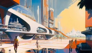 Wide shot angle of futuristic port city with interconnected glass sustainable architecture amongst tropical biome with people walking around leisurely, redshift render by syd mead::1 medium angle shot of futuristic marine metropolis with interconnected glass brutalist buildings with people sitting standing walking around the complex, concept watercolor by John Harris::1 city of the future, hyperrealistic, colorful, intricate detail, bold contrast lighting::0. 6 --ar 16:9