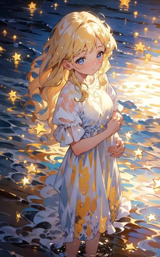 <lora:starlight:1>, star,starlight,masterpiece,best quality,HDR.UHD.4K,8K,64K,Highly detailed,ultra-finepainting,extreme detail description,Professional, 1girl, volumetric light, 1 girl, blonde hair,medium breast, long hair, best quality, illustration,  beautiful detailed eyes, pose, wet white dress, star on holding hands,