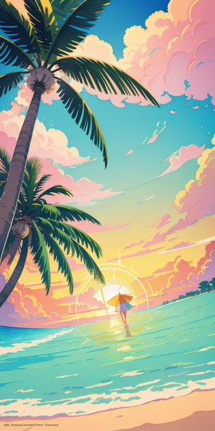 two palm trees in a samba circle with sunset background rear view, wallpaper design, in Studio Ghibli style, charming, tetradic pastel colors, 3D vector art, cute and quirky, fantasy art, watercolor effect, bokeh , Adobe Illustrator , hand-drawn, digital painting, low-poly, soft lighting, overhead view, isometric style, retro aesthetics, character-focused, 4K resolution, photorealistic rendering, using Cinema 4D