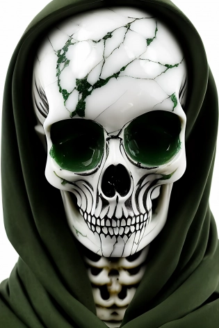ultra detailed marble and jade sculpture of a female necromancer, skeleton face, volumetric fog, Hyperrealism, breathtaking, ultra realistic, ultra detailed, cyber background, cinematic lighting, highly detailed, breathtaking, photography, stunning environment, wide-angle,