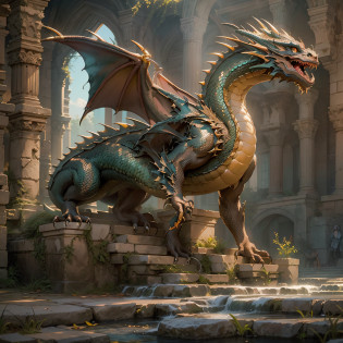 (Numerous award-winning masterpieces, with incredible detail, textures and maximum detail), (hyper realistic:1.4), (Trainer and european style dragon full-length photo:1.8), (realistic:1.3), (upper body up:0.3), (best quality real texture skin), (finely detailed true circle eyes), (finely Detailed and beautiful face:1.6), ((medieval world)), (dragon tamer:1.6), (big trained european style dragon: 1.8), (Full-length portrait:1.5), (Dragon's eyes glow strongly from the inside), (tamer has joy in her eyes and a happy smile on her face: 1.3), (Trainer and european style dragon full-length photo:1.8), (Dramatic Light), (A majestic sight), (simple, small whistle of fine workmanship hangs from the trainer's neck),  (european style dragon with big wings behind shoulder: 1.8), (Tamers wear sturdy leather armor with elaborate patterns: 1.2), Earrings with a sacred atmosphere of refined craftsmanship, Followed by little european style dragon behind, (((dramatic photo))), ((dramatic pose)), (flamboyant photo), (golden hair), (silver hair), (chestnut hair), ((looks up)), ((looking down)), (gives full-body standing image:1.5), Old ruins infested with plants, great temple, great cathedral, great shrine, temple ruins, detached temple, Ruins of an ancient castle, Deserted ruins, crumbling ruins, Ancient ruins with clear water, wavelets, running water Shining majestic cloud masses and sky, epic realistic, faded, art, (Greg rutkowski:0.8), (teal and orange:0.4), (art station:1.5), cinematic, ((neutral colors)), (hdr:1.5), (muted colors:1.2), hyper detailed, dramatic light, (intricate details:1.1), complex background,