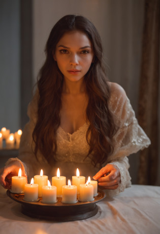 Woman holding tray?There was cake and candles inside, holding a candle, candle lighting, lit candle, lit with candles, candle wax, luz de velas, Candlelight, in a room full of candles, natural candle lighting, Candle, 8 k sensual lighting, Drip candles, with backlight, floating candles, soft warm light, room full of candles?The woman was wearing underwear?A black man stood behind her??The black man put his arm around her?The blacks also wore only one underwear?Gently blow into her earlobe