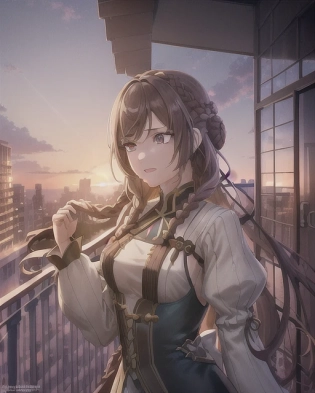 girl, happy, braided buns hair, long length, brown hair, best girl hair, [[intricately detailed hair]], balcony, looking over balcony. anime, professionally color graded, HDR, anime faces, Artgerm, Greg Rutowski, volumetric lighting, intricately detailed outfit, dynamic pose, octane engine, unreal engine, anime faces