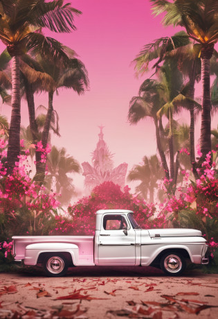 white backgrounid?Close-up of pink pickup truck?No characters?Printed with text?OUR 1st CHRIATMAS AS Mr.&Mrs. 2023?There are flowers and bells in the surrounding area?Wedding, gyuru?marriage,