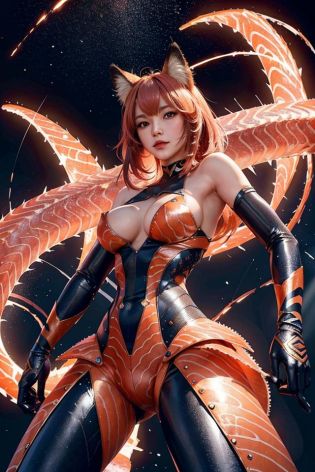 masterpiece, best quality, A 21 year old female,colorful background, flat chest, spiny, (salmon skin:1.25), hime cut, ((fox girl )) , spectacular lighting effects , surrealism, psychedelic colors, ((from below)),<lora:koreanDollLikeness:0.5>