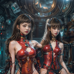 ((?masterpiece)?(top-quality)?(reallistic))?Dirty pair?Yuri and Kay?latex shiny:1.4?Bondage style?age19?2girls?Super Beauty Duo?Super Ultra Ultra Bikini?Beautiful tattoos:1.4?Sexy Daughter?body piercings:1.7?Colossal tits:1.4?The background is a futuristic night city on the edge of the galaxy?Super Beautiful Duo?Outstanding style?Space Federation Direct Trouble Consultant?Crisp focus:1.5?Slender Abs:1.2?Anatomically correct representation of the human body:1.4?hips up high?A detailed eye?Raw photo?red-lips?Red high heels?a choker?a necklace??Nipple Ring?